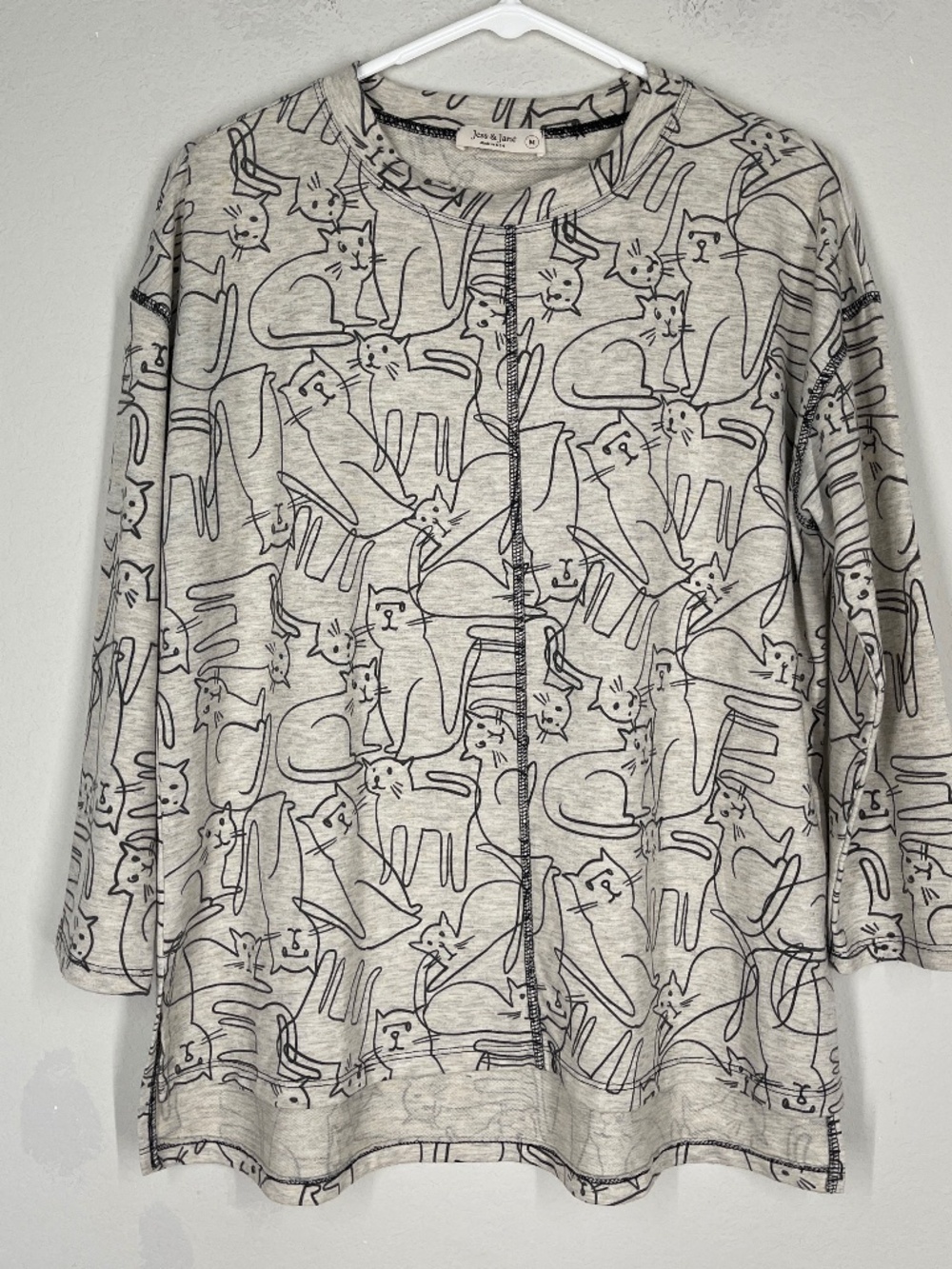 Jess & Jane Size M "Tabby" French Terry Tunic Top Kitty Print Novelty Gray